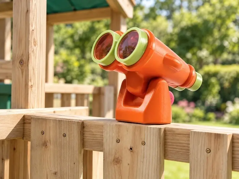 Spielzeugfernglas für den Spielturm Orange-grünes Spielzeugfernglas auf der Holzplattform eines Spielturms im Garten