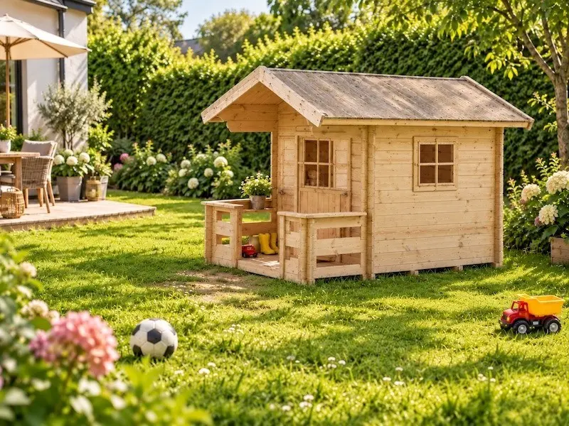 Holzspielhaus im Garten Holzspielhaus mit Veranda auf Rasen in einem Familiengarten mit Hecke und Terrasse
