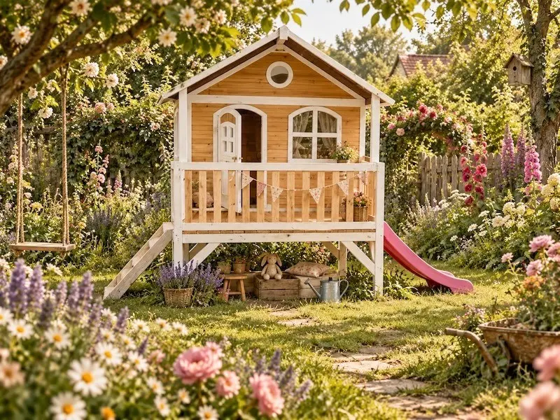 Stelzenhaus im Bauerngarten Holz-Stelzenhaus mit Veranda und Rutsche in einem üppig bepflanzten Bauerngarten
