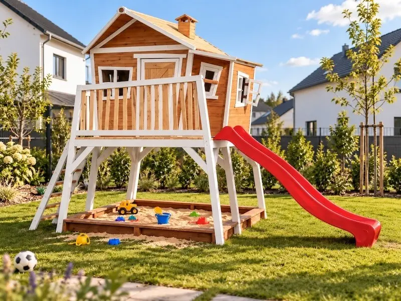 Holzspielhaus im Neubaugarten Holzspielhaus mit roter Rutsche und gefülltem Sandkasten mit Sandspielzeug auf gepflegtem Rasen