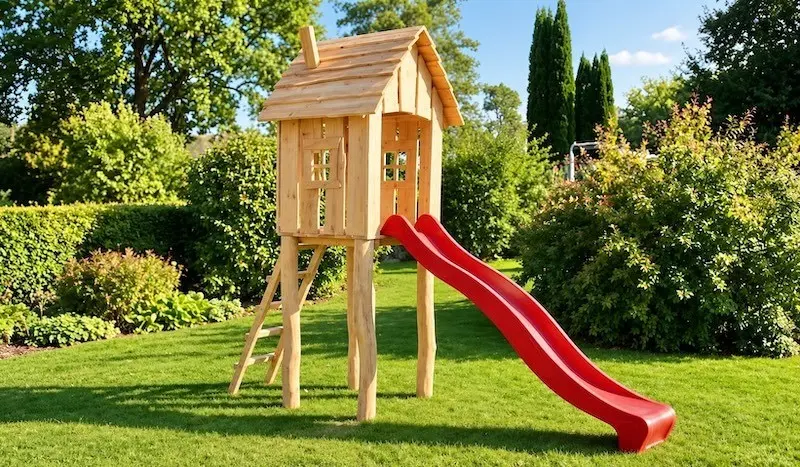 Holz Spielturm mit Spielhaus und roter Rutsche in einem gepflegten Garten