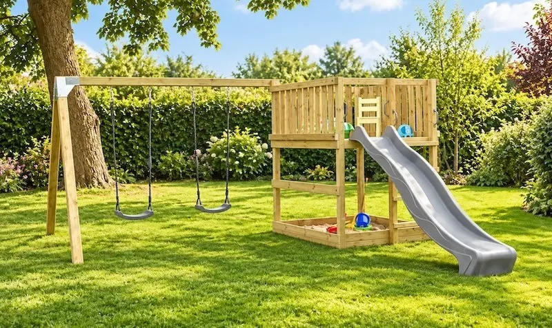 Holzspielturm mit Doppelschaukel, grauer Rutsche und Sandkasten im Garten