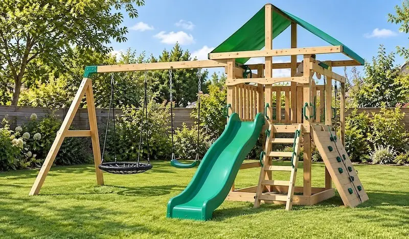 Holz-Spielturm mit Schaukelanbau, Nestschaukel, Rutsche und Kletterwand im Garten
