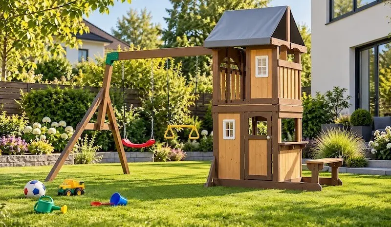 Spielturm mit Spielhaus, rotem Schaukelsitz und Kinderspielzeug auf dem Rasen