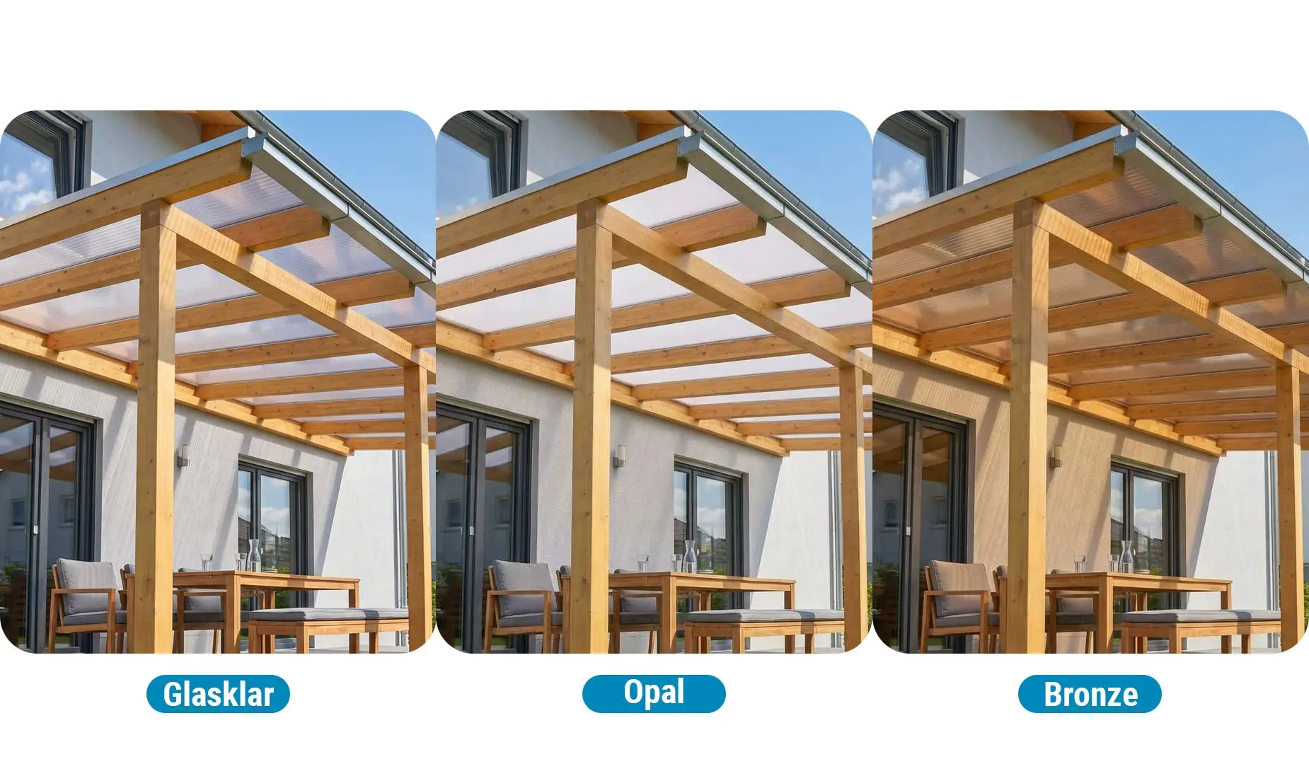 Stegplatten-Farben im Überblick: glasklar, opal und bronze