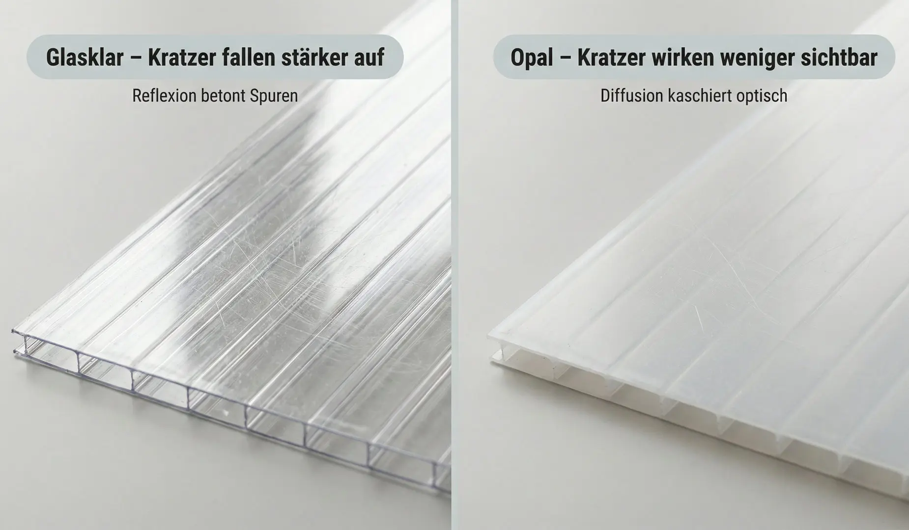 Zwei nebeneinanderliegende Fotos: links glasklare Doppelstegplatte mit sichtbaren Kratzern, rechts opale Doppelstegplatte mit ähnlichen Kratzern, die weniger auffallen.