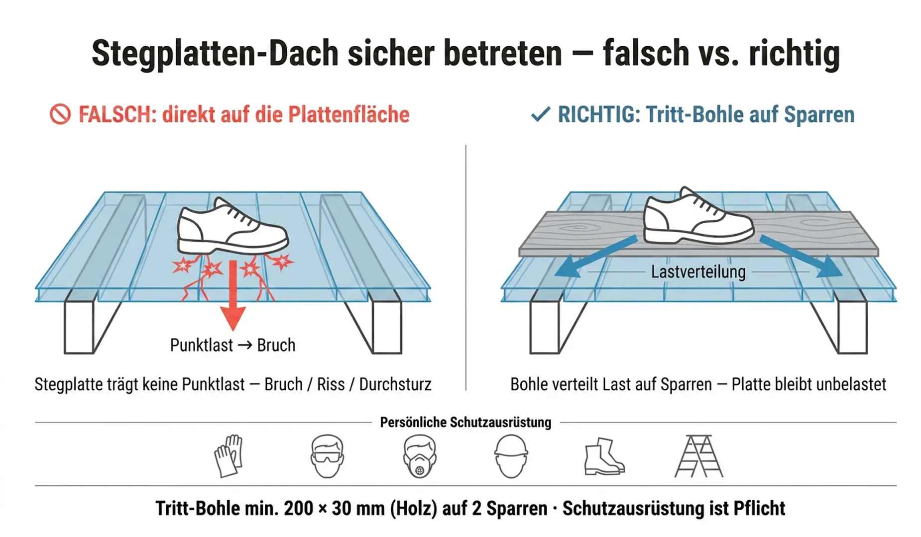 Sicherheits-Skizze zum Arbeiten an einem Doppelstegplatten-Dach