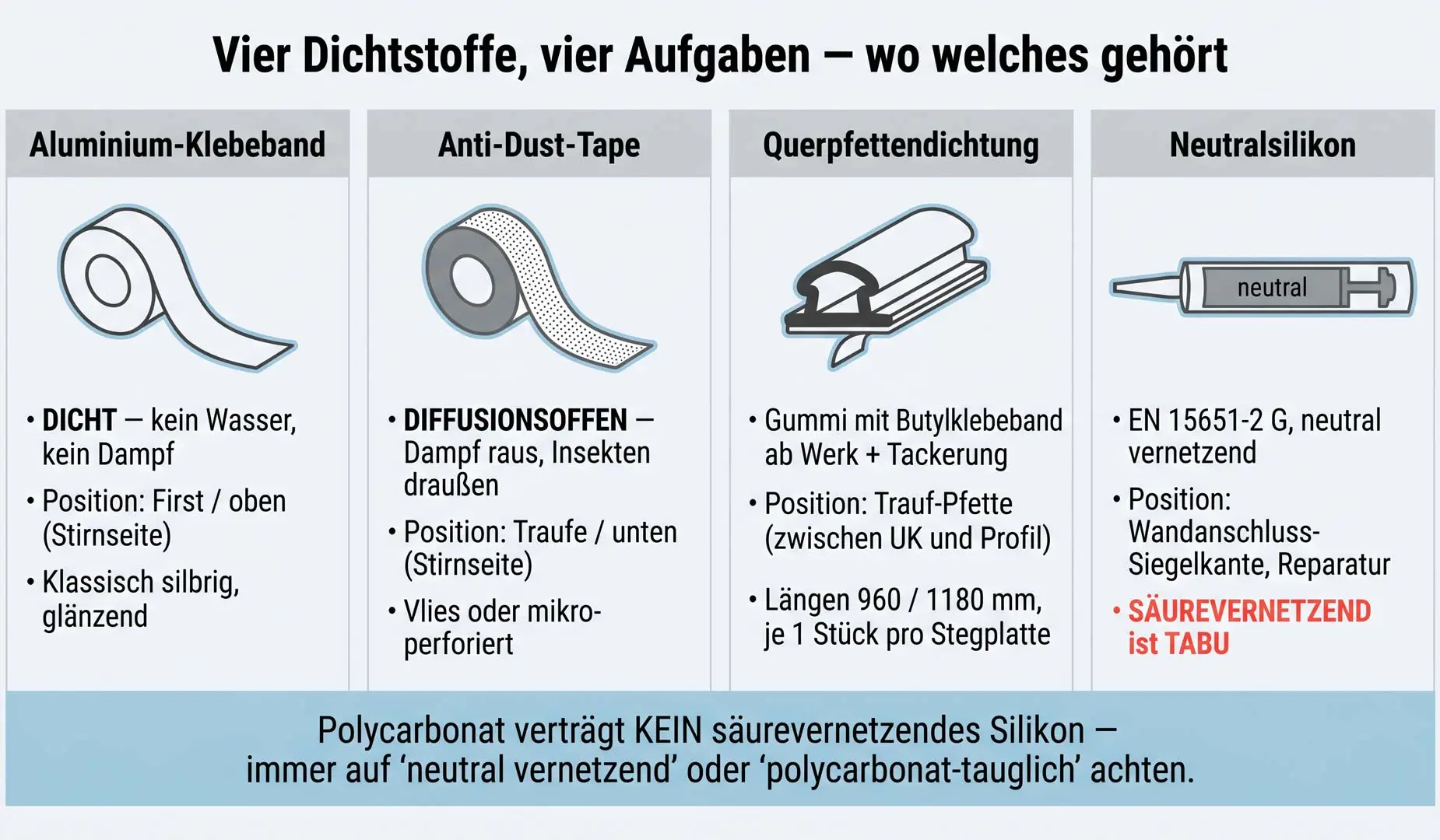 Vier Dichtstoff-Familien für Stegplatten im Vergleich: Alu-Klebeband, Anti-Dust-Tape, Querpfettendichtung und neutral vernetzendes Silikon