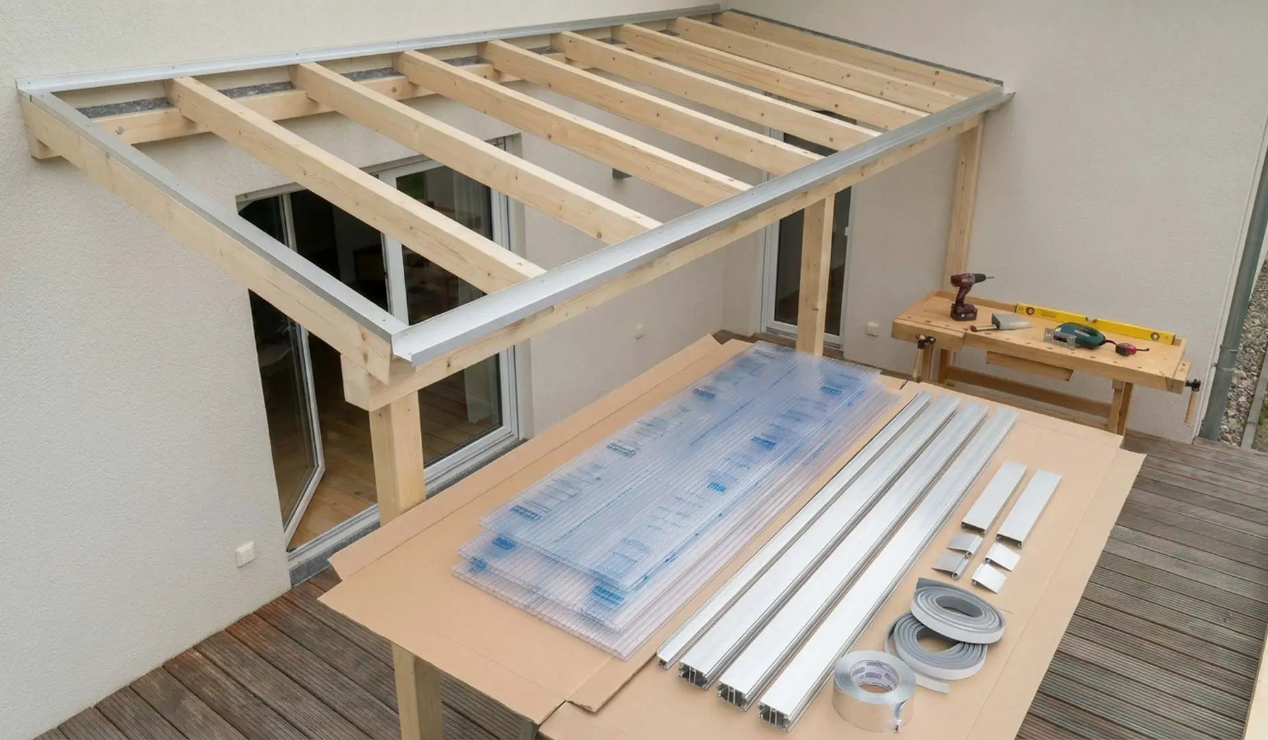 Vorbereitete Baustelle vor der Doppelstegplatten-Montage mit Stegplatten unter Schutzfolie, Aluminiumprofilen, Dichtungen, Schrauben und fertiger Unterkonstruktion