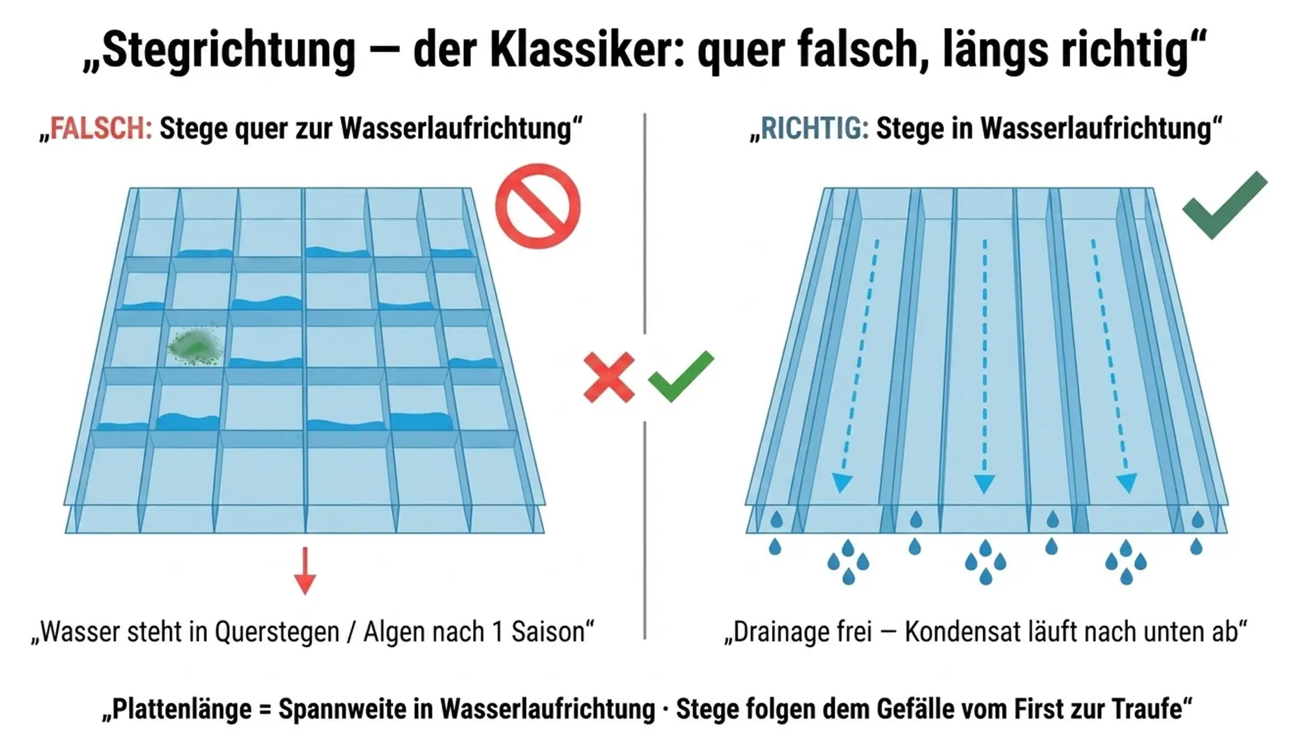 Vergleich von längs und quer zur Wasserlaufrichtung verlegten Stegplatten