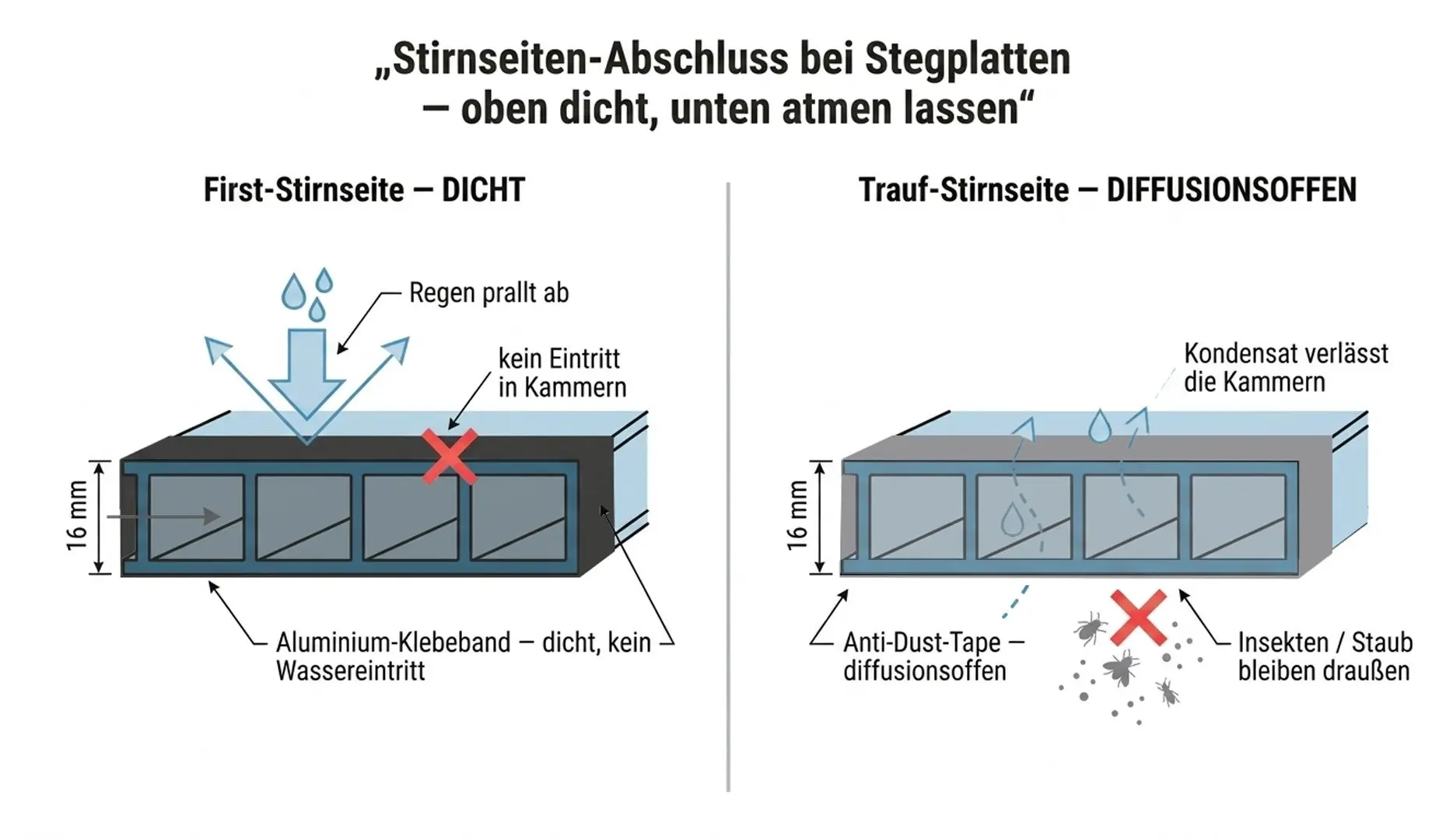 Stirnseitenabschluss bei Doppelstegplatten mit dichtem Alu-Klebeband oben und diffusionsoffenem Anti-Dust-Tape unten