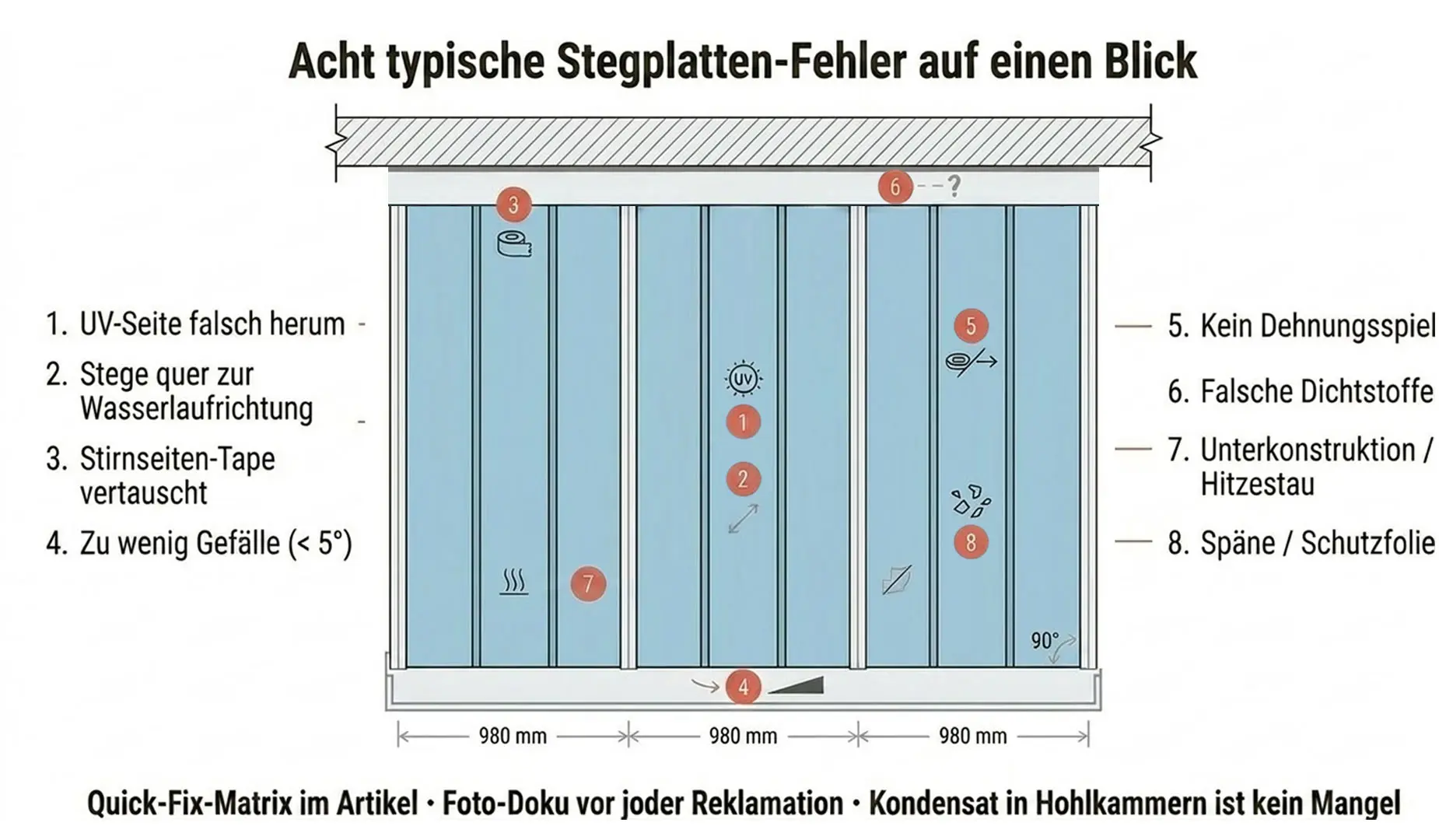 Übersicht typischer Montagefehler bei einem Stegplatten-Terrassendach