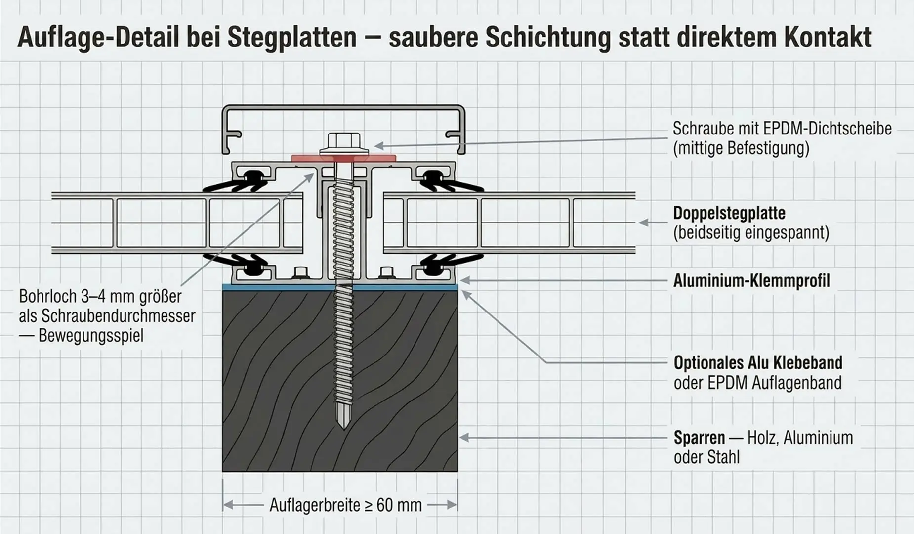 Auflage-Detail einer Doppelstegplatte mit Sparren, Auflageband, Profil und Befestigung