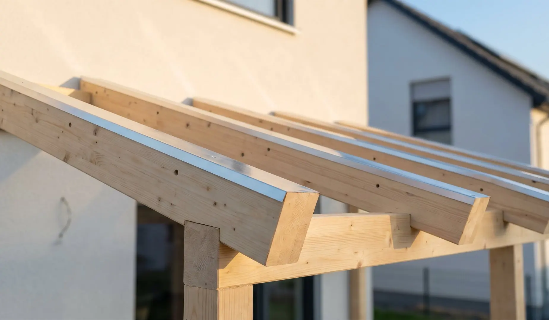 Holzsparren mit Auflageband als Vorbereitung für eine Doppelstegplatten-Bedachung