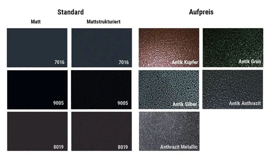 Farbtabelle für Zaunserien Dijon, Bordeaux, Lille und Paris