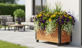 Holzpflanzkübel auf Rollen mit gelben und violetten Blüten steht auf einer sonnigen Terrasse vor einer weißen Hauswand.