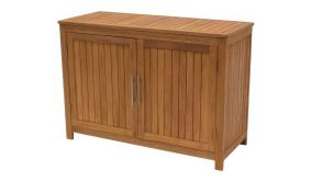 Aus geöltem Eukalyptusholz: Die robuste 120 x 50 x 85 cm Gartenkommode mit 2 Klapptüren bietet viel Stauraum für Ihre Gartenutensilien