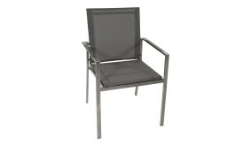Stapelsessel mit Edelstahlgestell und anthraziter bespannnung aus Kunstgewebe vor weißem Hintergrund