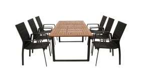 Gartenmöbel mit Aluminiumgestell bestehend aus 6 Stapelsesseln und Tisch mit Tischplatte aus Akazie vor weißem Hintergrund