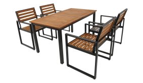Gartenmöbel Set bestehehend aus 4 Sesseln und passendem Tisch mit Stahlgestell und Akazienholz Belattung