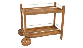 Servierwagen aus Akazienholz mit 2 Rollen und 2 Ablageflächen vor weißem Hintergrund