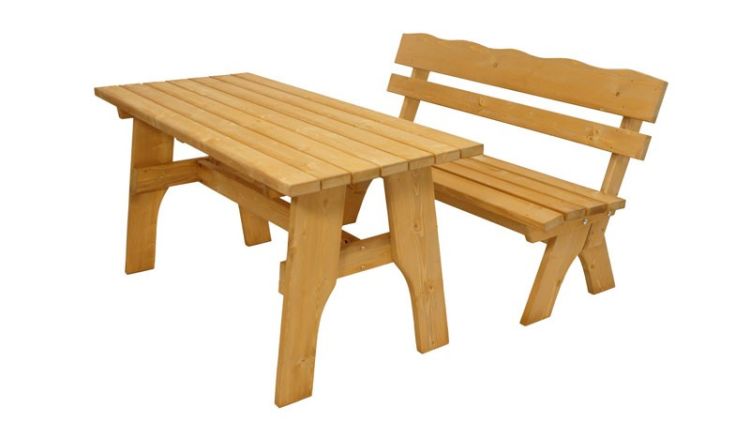 Rustikales Gartenmöbelset aus imprägnierter Kiefer. Zur Holzgarnitur gehören eine 150 x 60 x 82 cm Sitzbank mit Lehne  und ein 150 x 70 x 74 cm Tisch