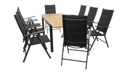 Der Tisch des mittleren Sets kommt mit den Maßen 150 x 90 x 75 cm, der Tisch lässt sich bequem auf 200 cm ausziehen.