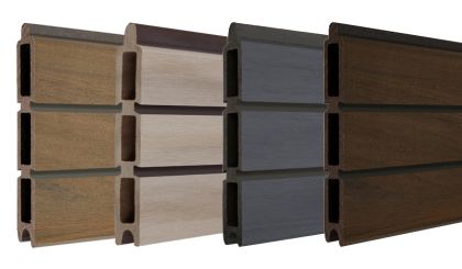 Die 180 x 30 x 1,9 cm WPC Rhombus Zaunlamellen gibt es in vier co-extrudierten Farben: Steingrau, Walnuss, Bi-Color und Teak