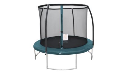 Das Trampolin ist ein rundes Gartentrampolin (hier im Bild), das sich variabel als Bodentrampolin nutzen lässt