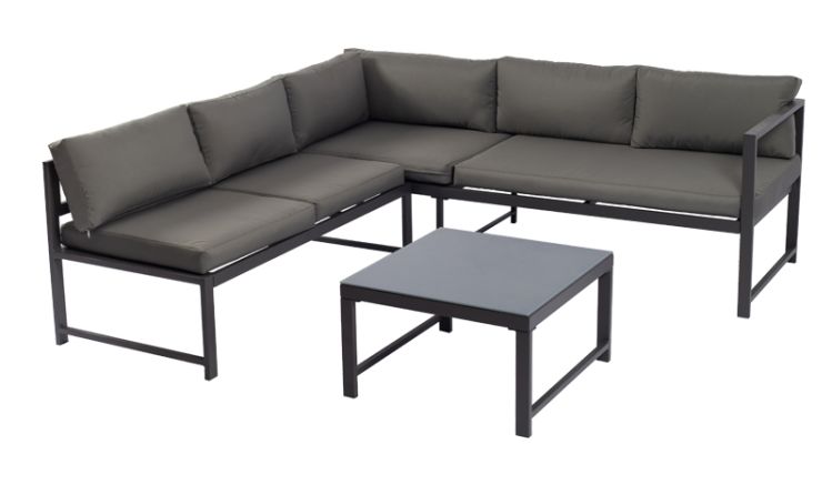 Die Ecklounge wird mit zwei Sofa-Elementen inkl. Auflagen und einem Loungetisch mit 60 x 60 cm Sicherheits-Glasplatte in Frostoptik geliefert

