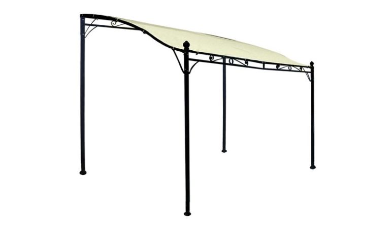Der wetterfeste Anbaupavillon Nanterre aus pulverbeschichtetem Metall und einem Dach aus PVC-beschichtetem Polyester ist ein eleganter Sonnenschutz für Ihre Terrasse.