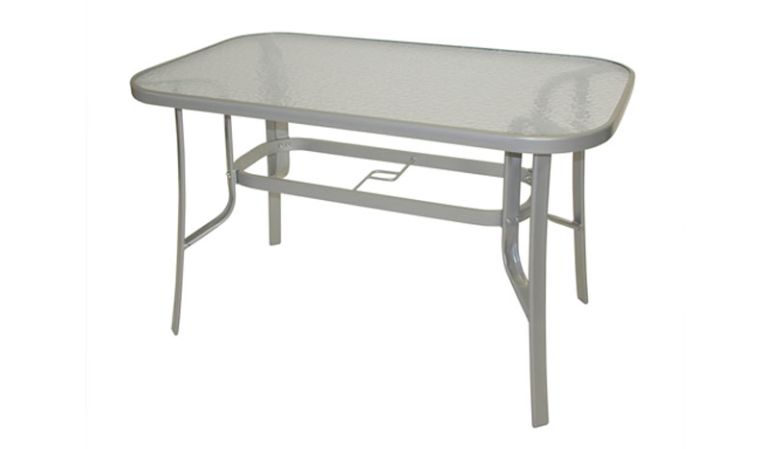 Elegant und wetterfest: Der 120 x 70 x 73 cm Gartentisch Stahl besticht durch eine Tischplatte aus Sicherheitsglas mit Strukturoberfläche