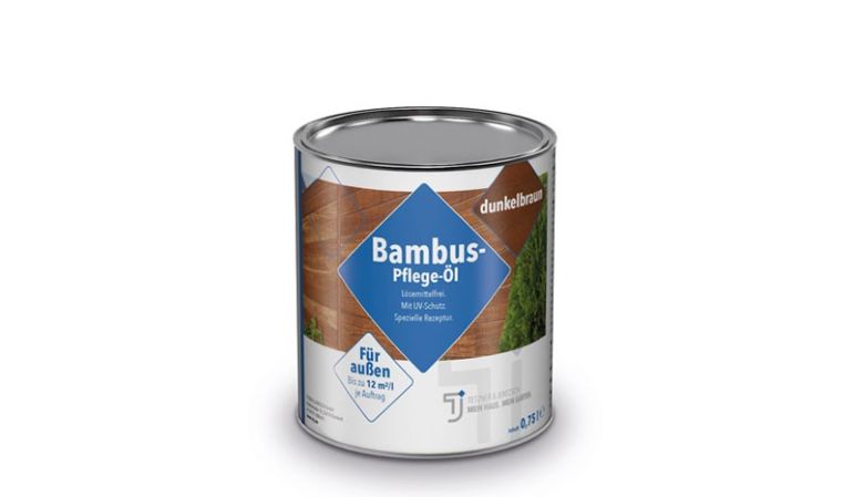 In Gebindegrößen zu 0,75 und 2,5 l: Dunkelbraunes Holzpflegeöl Bambus mit UV-Schutz für Bambushölzer im Außenbereich