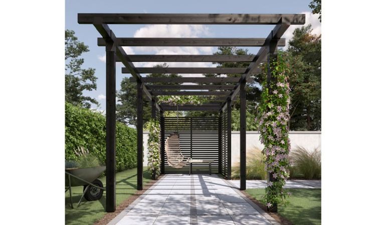 Doppelpergola mit breiter Überdachungsfläche: Moderne Pergola aus Holz für wirkungsvolle Gartenwege oder geschützte Laufgänge