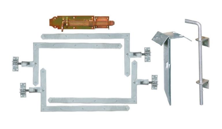 Torbeschlag B: Komplettsatz mit Rahmenschieber, Bodenschieber, Auflaufbock, 4 x Winkelband 600 mm (verstellbar), Schrauben