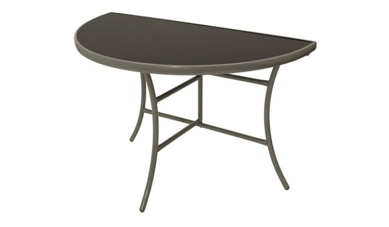 Der klappbare 110 x 58 x 71 cm Wandtisch ist mit seiner halbrunden Form perfekt für Balkone. Mit robustem Stahlgestell und Tischplatte aus Sicherheitsglas