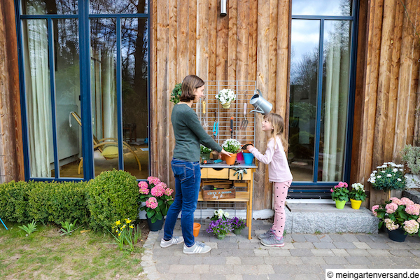 Gittermatte bietet durch Haken, Halter und Behälter mehr Stauraum am Pflanztisch